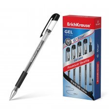 Ручка гелевая Erich Krause "G-Star Classic-", 0,5 мм, чёрный, метал. наконеч., резиновый грип, прозрачный круглый корпус, картонная упаковка, 12шт