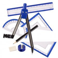 Готовальня Alingar, 8 предметов, металлический циркуль 116 мм, с карандашом, пластиковый футляр, цвет синий