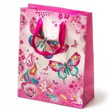 Пакет подарочный бумажный 230*180*80мм,"Большие бабочки", глитер, ассорти