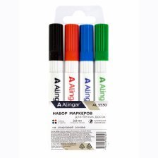Набор маркеров для белых досок Alingar, 4 цвета, (красный, синий, черный,зеленый), пулевидный, 2 мм, ПВХ пенал с европодвесом