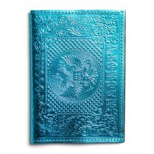 Обложка для паспорта, натур. кожа, металлик голубой, тиснение блинтовое