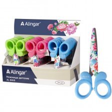 Ножницы детские Alingar, 13 см, пластиковые ручки, принт на лезвии, закругленные концы, "Цветочный микс", три цвета, картонный стенд