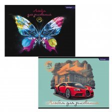 Альбом для рисования А4 24л., Alingar, на скрепке, мелованный картон (стандарт), 100 г/м2,  "MIX. Бабочка. Машина"