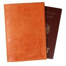 Обложка для паспорта, натур. кожа, рыжий, тиснение блинтовое сплошное, "Индийский орнамент"