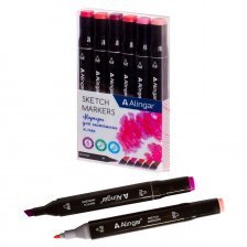 Набор двухсторонних скетчмаркеров Alingar, 6 цветов, розовые, пулевидный/клиновидный 1-6 мм, спиртовая основа, ПВХ упаковка