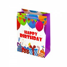 Пакет подарочный бумажный Alingar, (М) 18х24х8,5 см, "Happy birthday", ламинация, (4 дизайна в коробе)