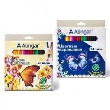 Карандаши цветные Alingar 24 цв., "Бабочки" деревянные, трехгранные, заточенные, грифель 3.0 мм, картон. уп., европод.