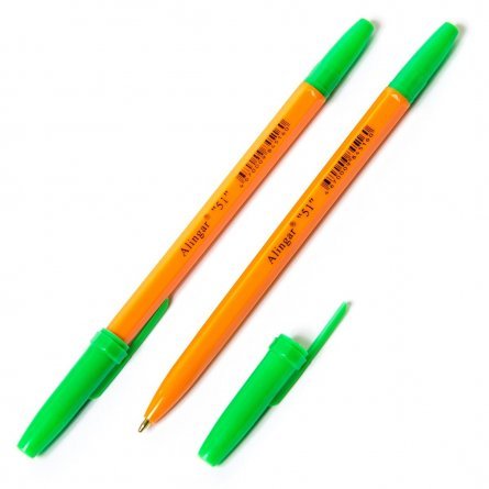 Ручка шариковая Alingar, "51", 1 мм, зеленая, шестигранный, оранжевый пластиковый корпус, картонная упаковка фото 1