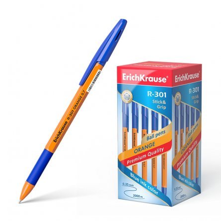 Ручка шариковая Erich Krause"R-301 Orange Stick&Grip", 0,7 мм, синяя, шестигранный, оранжевый, пластиковый корпус, картонная упаковка фото 1