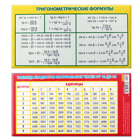 Карточка-шпаргалка Миленд "Тригонометрические формулы. Таблица квадратов" фото 1
