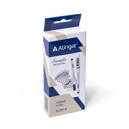 Ручка гелевая Alingar, "Sample", 0,55 мм, черная, резиновый грип, круглый, белый, пластиковый корпус, в уп. 12 шт., картонная упаковка фото 2