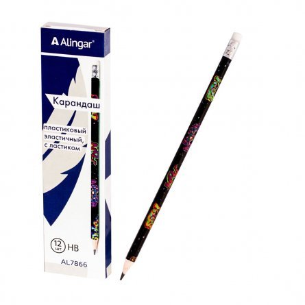 Набор ч/г карандашей, Alingar HB, пластиковый, эластичный, с ластиком, круглый, заточенный, цвет корпуса граффити, в упак. 12 шт. фото 1