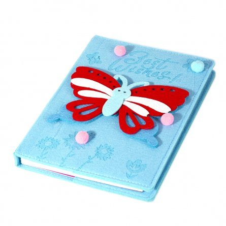 Подарочный блокнот А5, 7БЦ, Alingar, фетр, аппликация, линия, 96 л, "Бабочка с помпонами", голубой фото 2