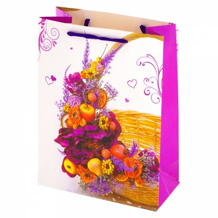 Пакет подарочный бумажный Alingar, (L+) 26х32х10 см, "Ягодно-цветочный букет", ламинация, (4 дизайна в коробе) фото 3