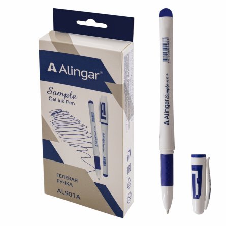 Ручка гелевая Alingar, "Sample", 0,55 мм, синяя, резиновый грип, круглый, белый, пластиковый корпус, в уп. 12 шт., картонная упаковка фото 1