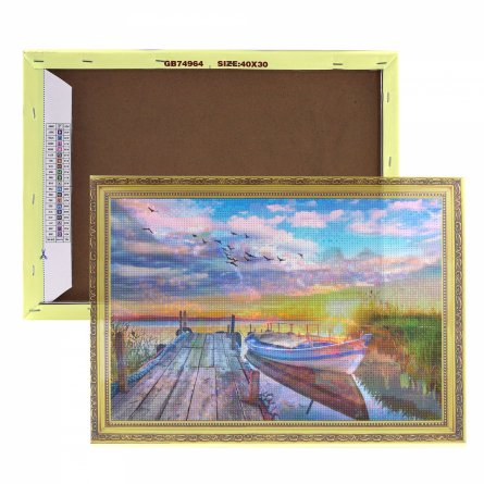 Алмазная мозаика Alingar, на подрамнике, с полным заполнением, (матов.) дизайн рамка, 30х40 см, 20 цветов, "Лодка у пирса" фото 4