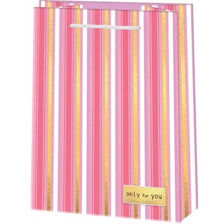 Пакет подарочный бумажный Мир открыток (М) 18*22,7 см, "Бело-розовые вертикальные линии", ламинация фото 1
