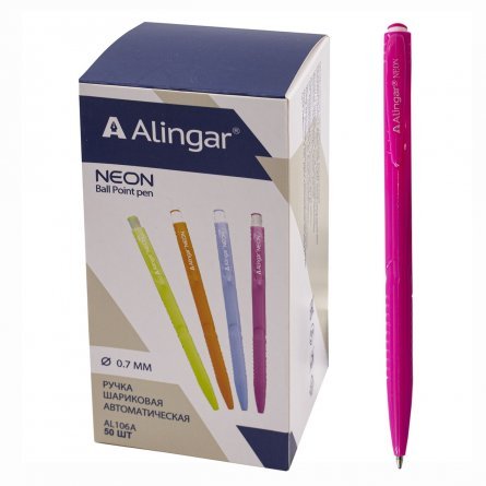 Ручка шариковая Alingar "Неон", 0,7 мм, синяя, автоматическая, грип, круглый, цветной, пластиковый корпус, картонная упаковка фото 1
