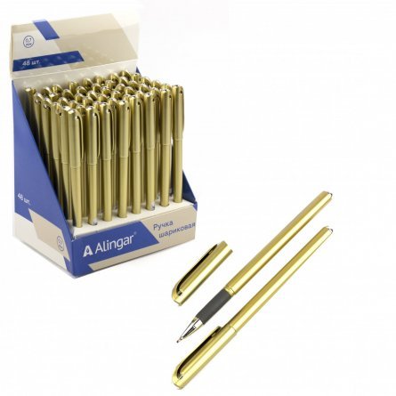 Ручка шариковая Alingar, 0,5 мм, синяя, игольчатый, металлизированный наконечник, резиновый грип, круглый, золотой, пластиковый корпус, картон.упак. фото 1
