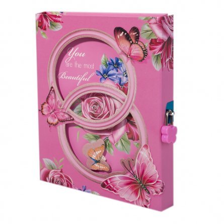 Подарочный блокнот в футляре 17,0 см * 22,0 см, гребень, Alingar, мел.картон, апплик., замочек,  60 л., линия, "Бабочки и цветы", розовый фото 1
