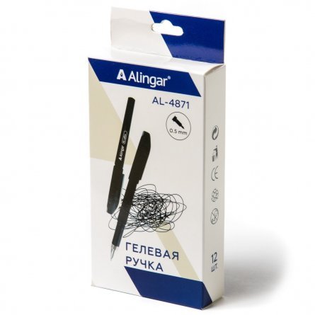Ручка гелевая Alingar, 0,5 мм, черная, металлизированный наконечник, резиновый грип, круглый, прозрачный, пластиковый soft корпус, в уп. 12 шт. фото 2