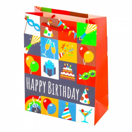 Пакет подарочный бумажный Alingar, (L+) 26х32х10 см, "Happy birthday", ламинация, (4 дизайна в коробе) фото 2