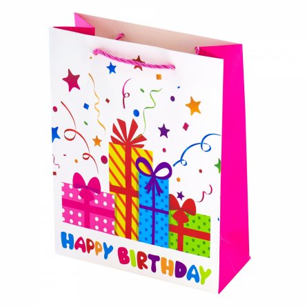Пакет подарочный бумажный Alingar, (L+) 26х32х10 см, "Happy birthday", ламинация, (4 дизайна в коробе) фото 3