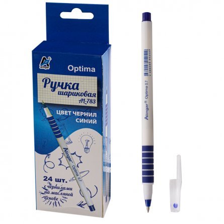 Ручка шариковая на масляной основе Alingar "Optima", 0,7 мм, синяя, круглый, белый, пластиковый корпус, картонная упаковка фото 1