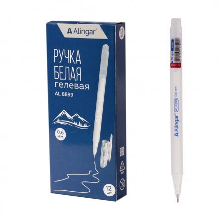 Ручка гелевая Alingar, 0,5 мм, белая, игольчатый наконечник, трехгранный прозрачный пластиковый корпус, в уп. 12 шт., картонная упаковка фото 1