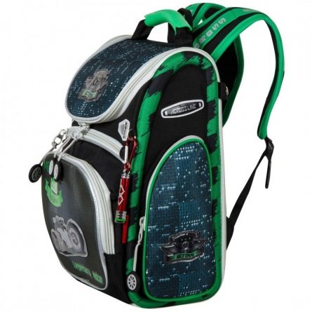 Рюкзак Across, школьный,  с мешком д/обуви, черный-зеленый, 30х36х13 см фото 2