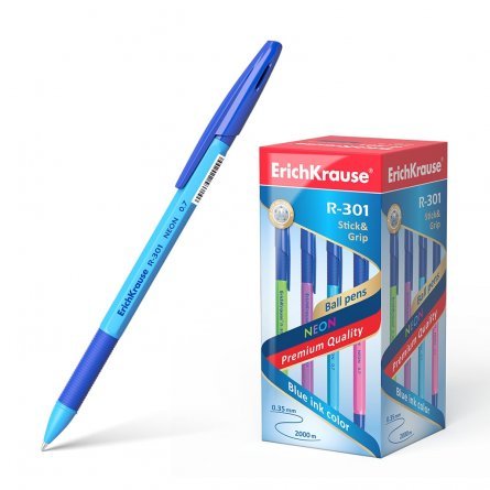 Ручка шариковая Erich Krause"R-301 Neon Stick&Grip", 0,7 мм, синий, шестигранный, оранжевый, пластиковый корпус, картонная упаковка фото 1