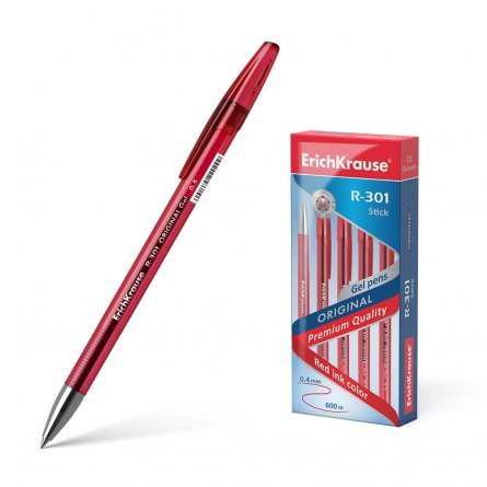 Ручка гелевая Erich Krause "R-301 Original Gel Stick", 0,5 мм, красный, метал. наконечник, тонированный круглый корпус, в уп. 12 шт. фото 1