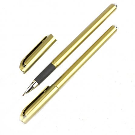 Ручка шариковая Alingar, 0,5 мм, синяя, игольчатый, металлизированный наконечник, резиновый грип, круглый, золотой, пластиковый корпус, картон.упак. фото 2