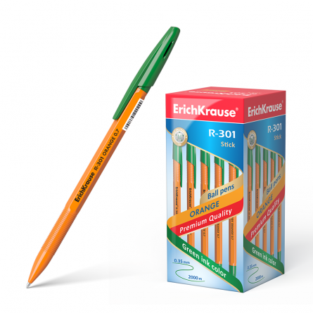 Ручка шариковая Erich Krause "R-301 Orange Stick", 0,7 мм, зелёная, шестигранный, оранжевый, пластиковый корпус, картонная упаковка фото 1