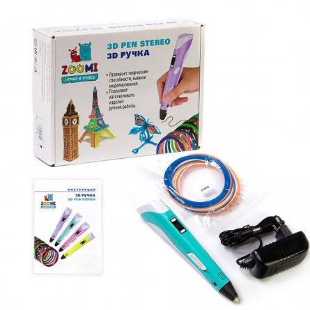 Ручка 3D Zoomi, ZM-052, пластик ABS/PLA - 3 цвета, голубая, подставка пластиковая под ручку, картонная упаковка фото 1