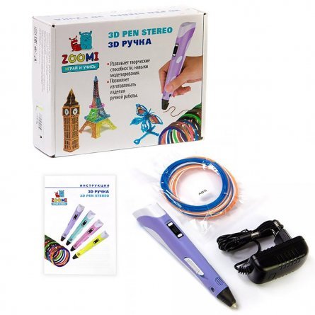 Ручка 3D Zoomi, ZM-052, пластик ABS/PLA - 3 цвета, фиолетовая, подставка пластиковая под ручку, картонная упаковка фото 1