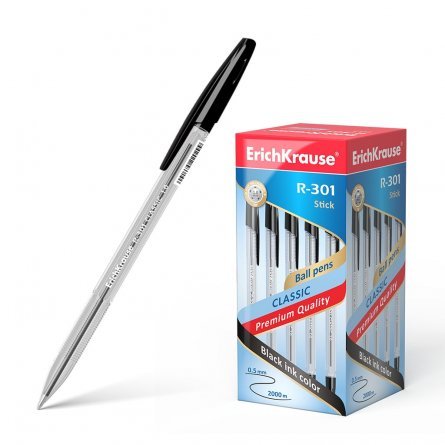 Ручка шариковая Erich Krause "R-301 Classic Stick", 1.0 мм, черная, шестигранный, цветной, пластиковый корпус, картонная упаковка фото 1