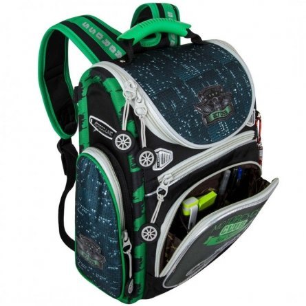 Рюкзак Across, школьный,  с мешком д/обуви, черный-зеленый, 30х36х13 см фото 4