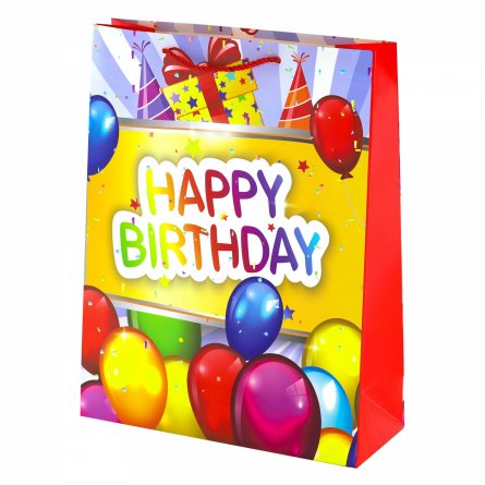 Пакет подарочный бумажный Alingar, (L+) 26х32х10 см, "Happy birthday", ламинация, (4 дизайна в коробе) фото 1