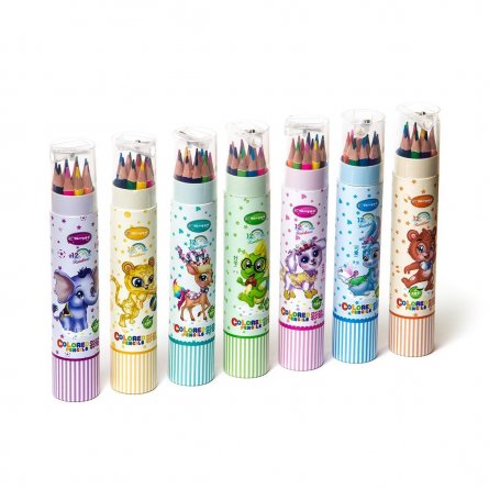 Карандаши цветные Yalong "Веселые зверята",12 цв.,трехгранные, деревянные, точилка, картонный тубус фото 2