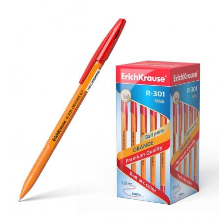 Ручка шариковая Erich Krause"R-301 Orange Stick", 0,7 мм, красная, шестигранный, оранжевый, пластиковый корпус, картонная упаковка фото 1