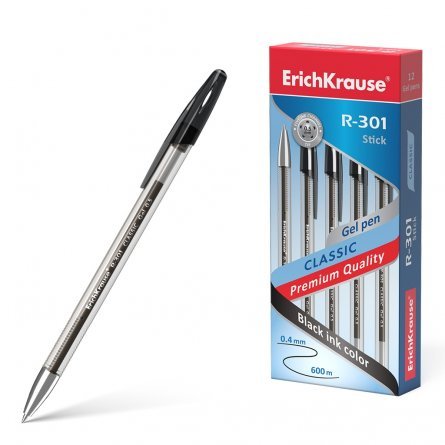 Ручка гелевая Erich Krause "R-301 Classic Gel Stick", 0,5 мм, черная, профилиров. грип, прозрачный круглый корпус, картонная упаковка, 12шт фото 1