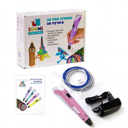 Ручка 3D Zoomi, ZM-052, пластик ABS/PLA - 3 цвета, розовая, подставка пластиковая под ручку, картонная упаковка фото 1