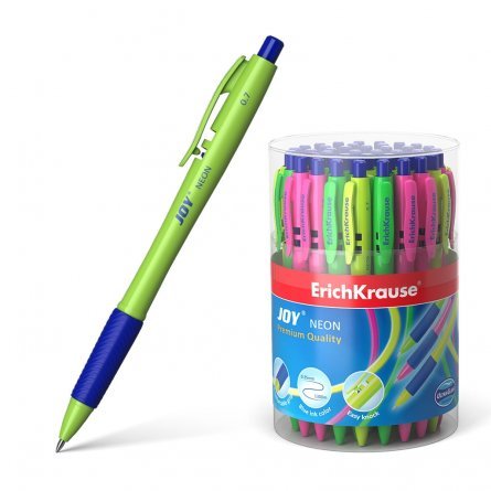 Ручка шариковая автоматическая Erich Krause "JOY. Neon, Ultra Glide Technology", 0,7 мм, синий, пластиковый корпус, резиновый грип, в тубусе 50 шт. фото 1