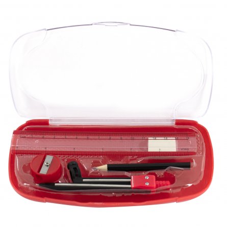 Готовальня Alingar, 8 предметов, металлический циркуль 116 мм, с карандашом, пластиковый футляр, цвет красный фото 3