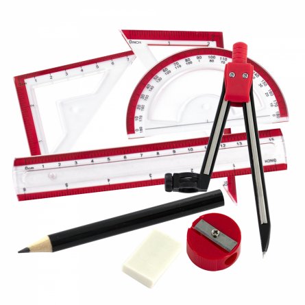 Готовальня Alingar, 8 предметов, металлический циркуль 116 мм, с карандашом, пластиковый футляр, цвет красный фото 1