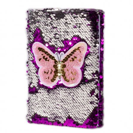 Подарочный блокнот А5, 7БЦ, Alingar, пайетки, аппликация, линия, 60 л., "Бабочка", фиолетовый фото 3