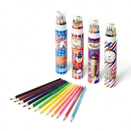 Цветные  карандаши 12цв.+точилка, 3-гран., дер., корпус "Британия" гриф., 0,3 см, картон., тубус