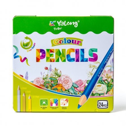 Цветные карандаши 24цв., треуг., деревян.,корпус, грифель 0,3см., в метал. пенале