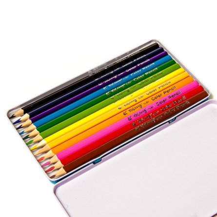 Цветные карандаши 12 цв., треугольный корпус, в металлическом пенале.